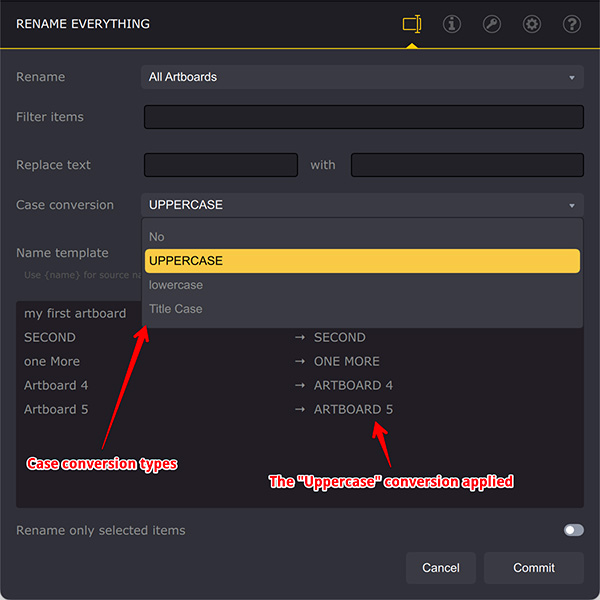 Making elements names uppercase in Illustrator