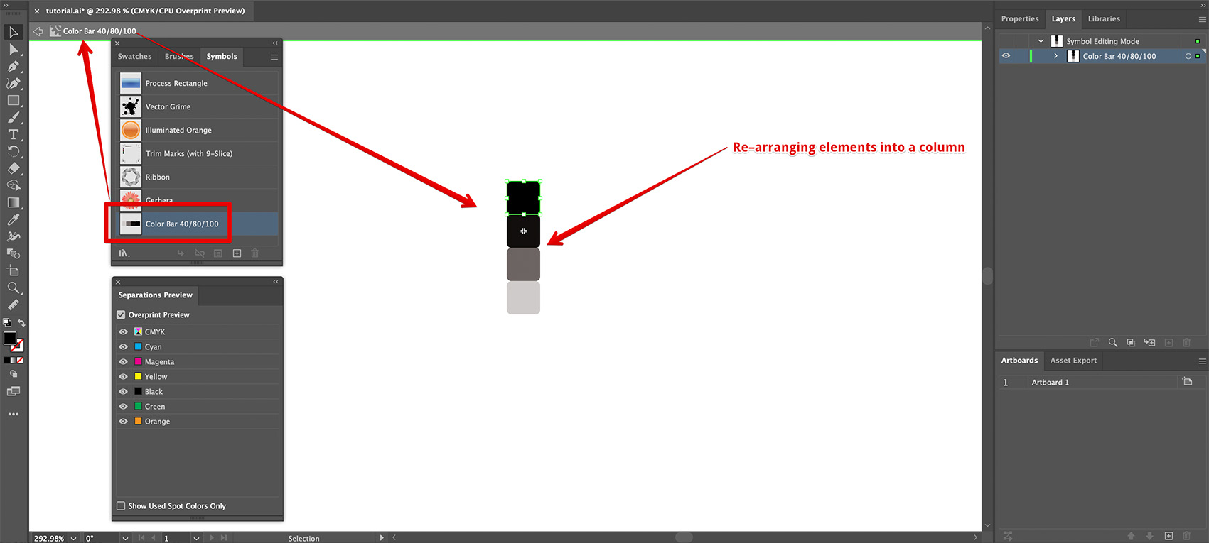 Editing color bar symbol to display a column of shades