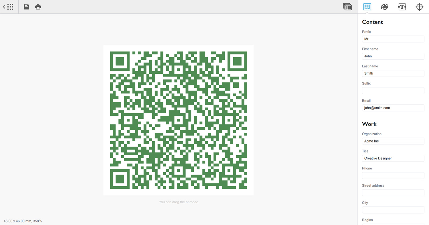 Создание QR code визитки в приложении Barcode