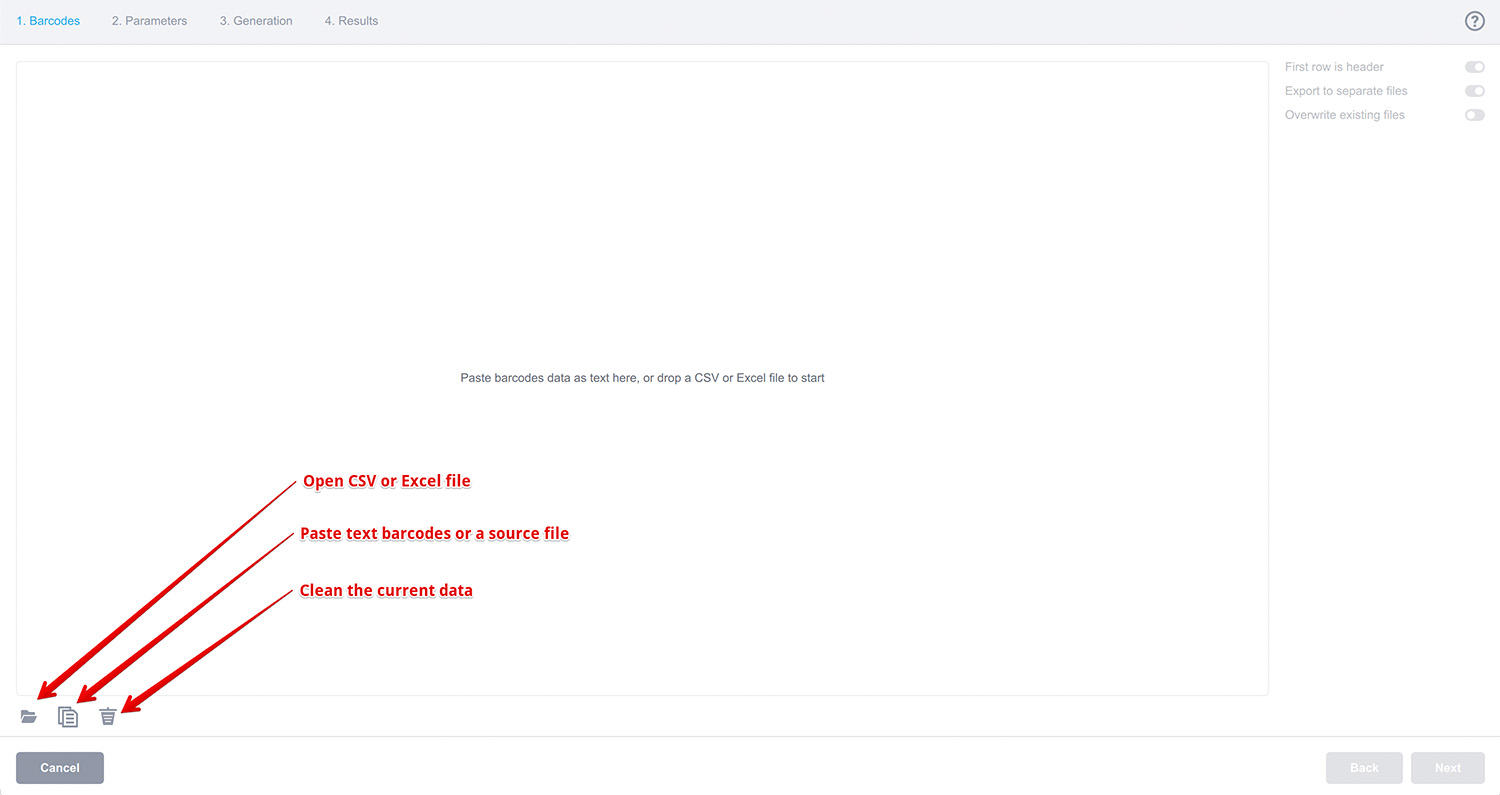 На первом шаге пакетной генерации штрих-кодов вы загружаете данные для генерации