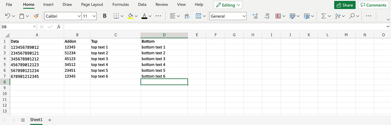 Excel-файл с колонками для специальных полей в шаблоне штрих-кода