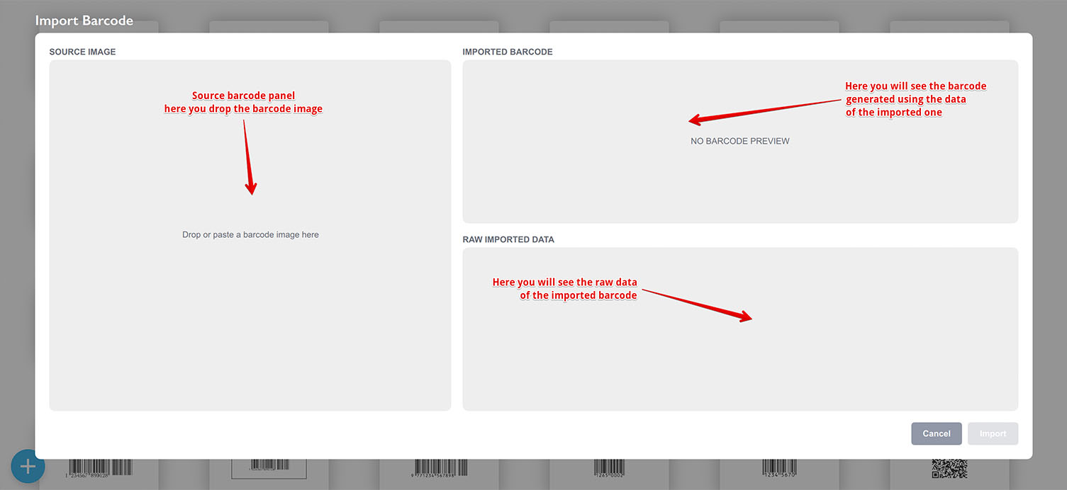 Barcode importing panel opened, the barcode is not loaded yet