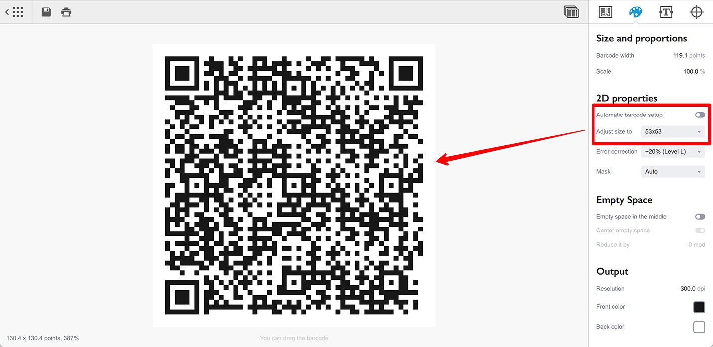 Adjusting QR code size