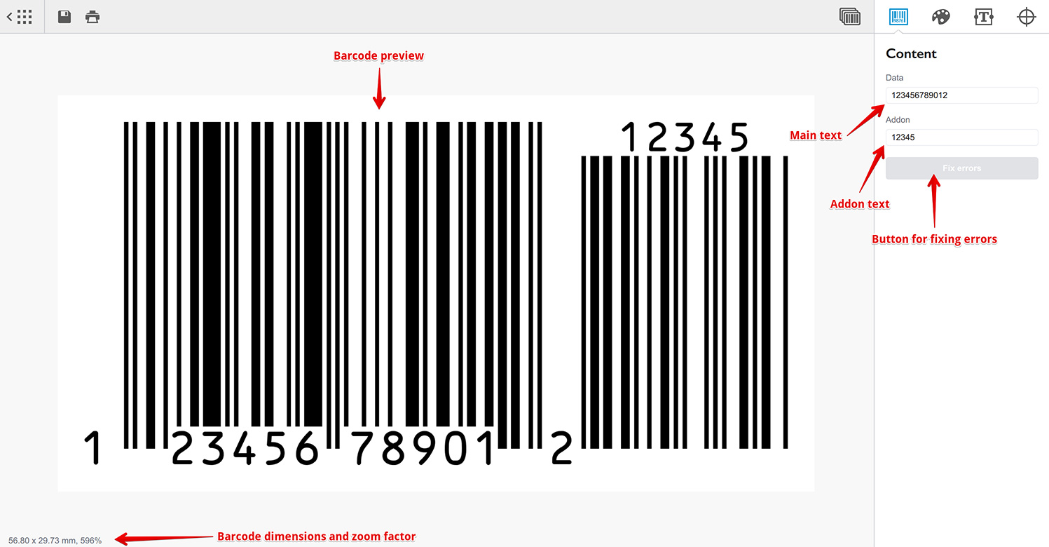 Редактирование штрих-кода UPC-A barcode - ввод данных основного и дополнительного блоков