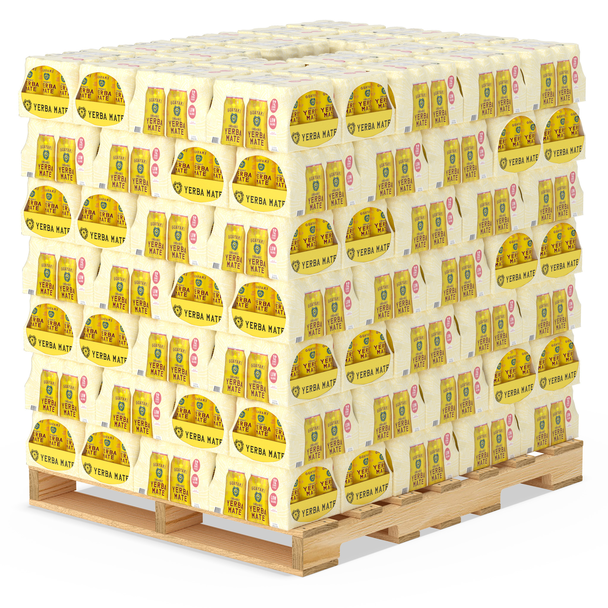 Pallet of shrink-wrapped boxes with cans