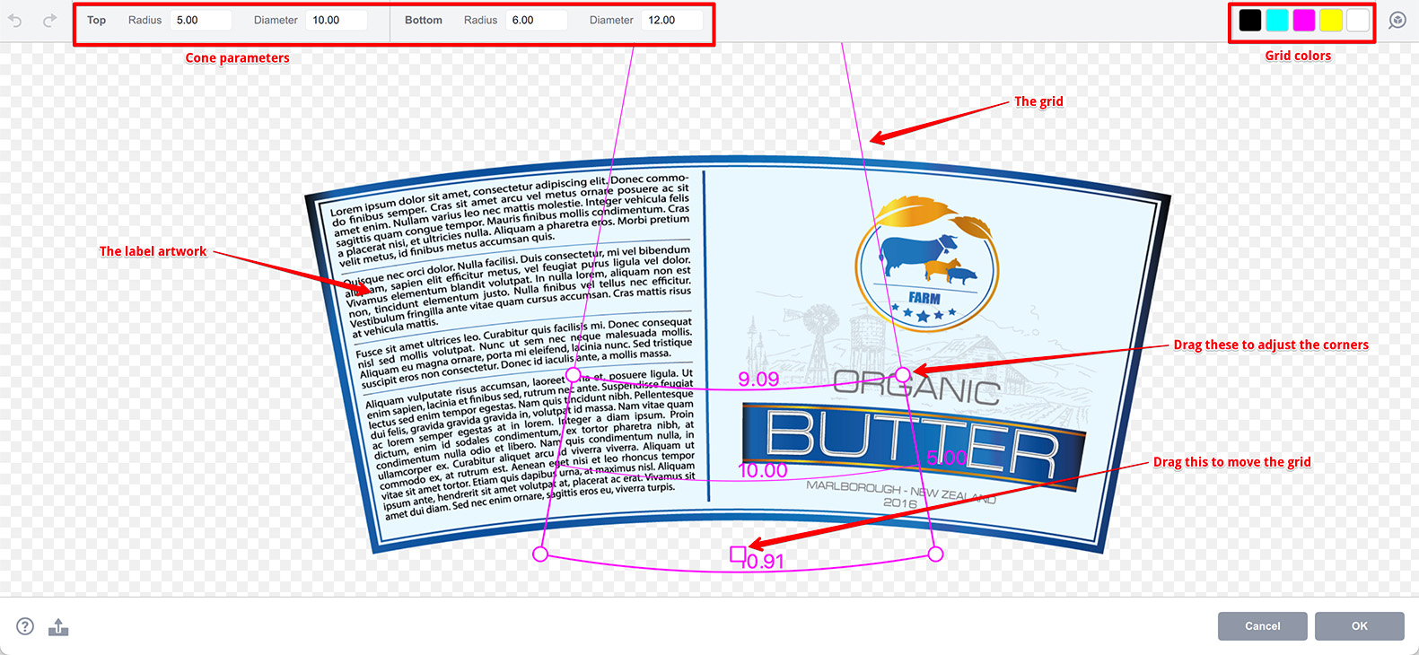 Conical label editor - the grid
