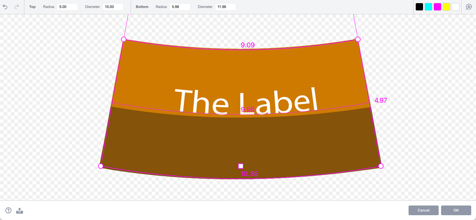 The frame is adjusted to the conical label artwork