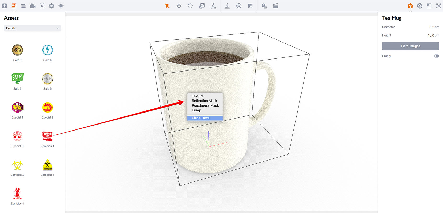 Перетаскивание наклейки на объект, отображается всплывающее меню