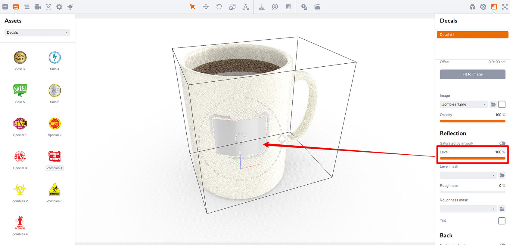 Настройка уровня отражения наклейки