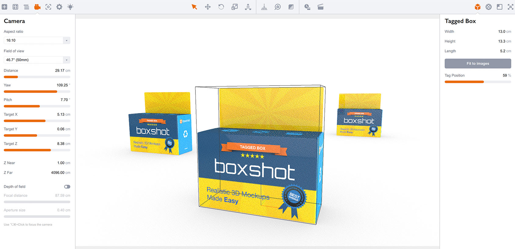 A sample scene of three tagged boxes