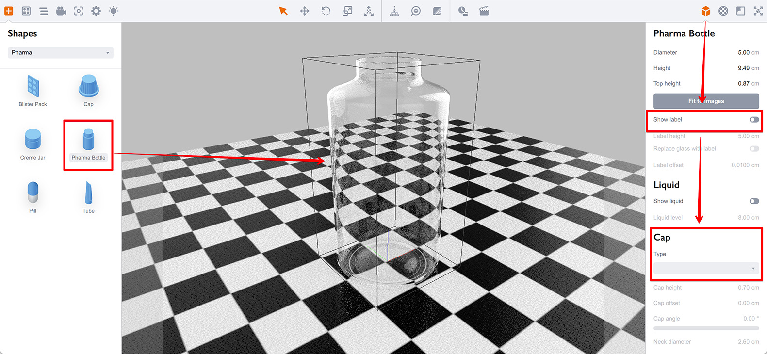 Checkered plane and a glass bottle on top rendered in Boxshot