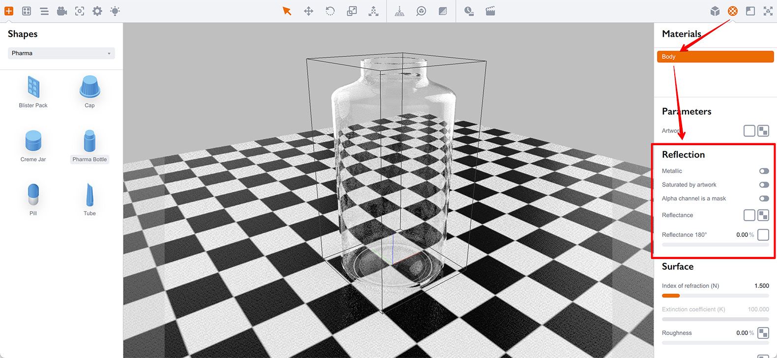 Reflection section of the glass material in Boxshot