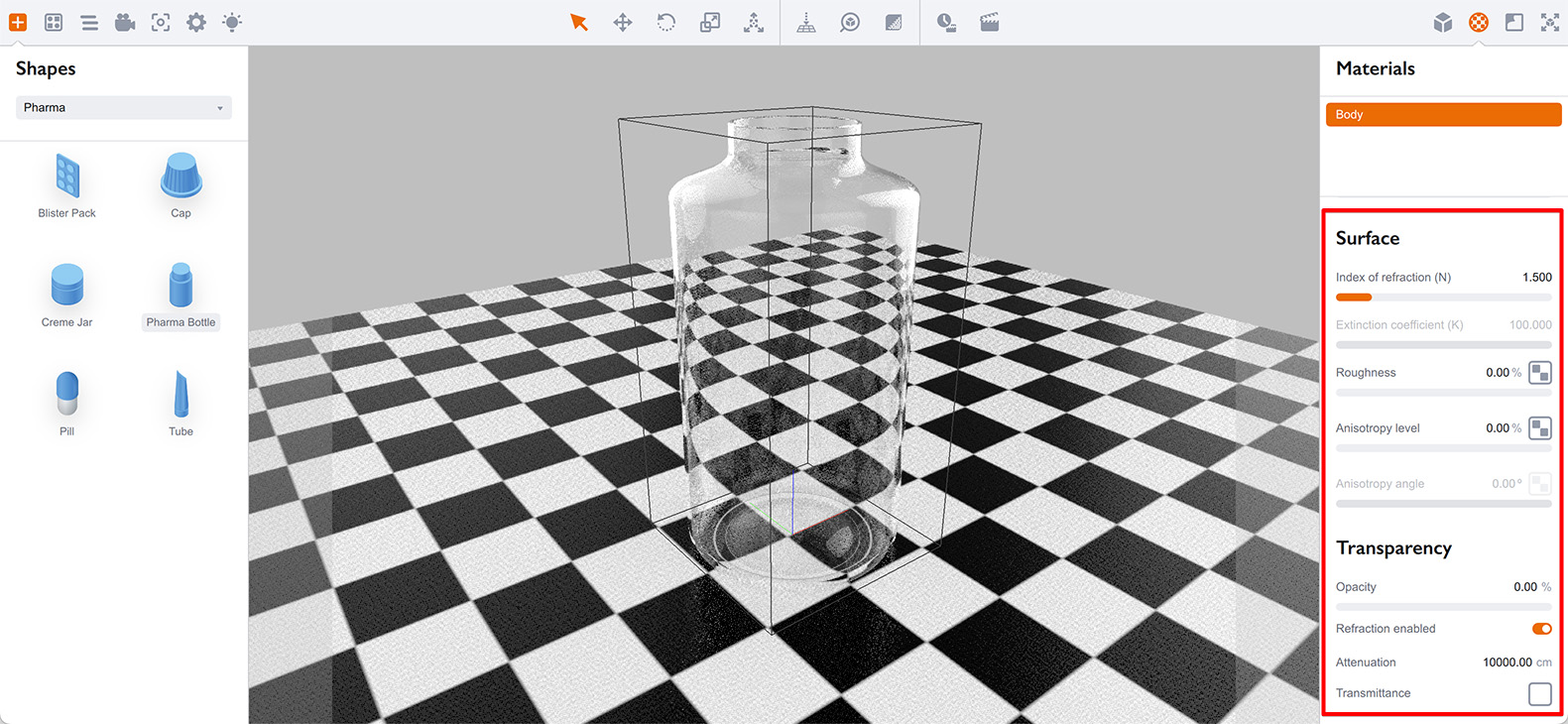Surface and Transparency sections of Boxshot materials