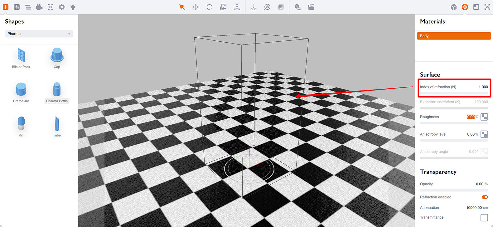 Bottle material with index of refraction set to 1