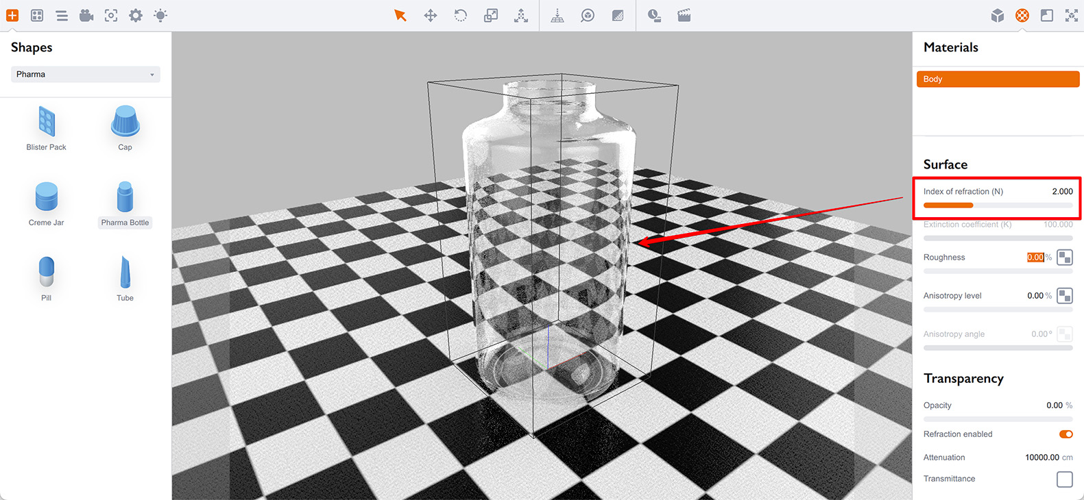 Bottle material with index of refraction set to 2