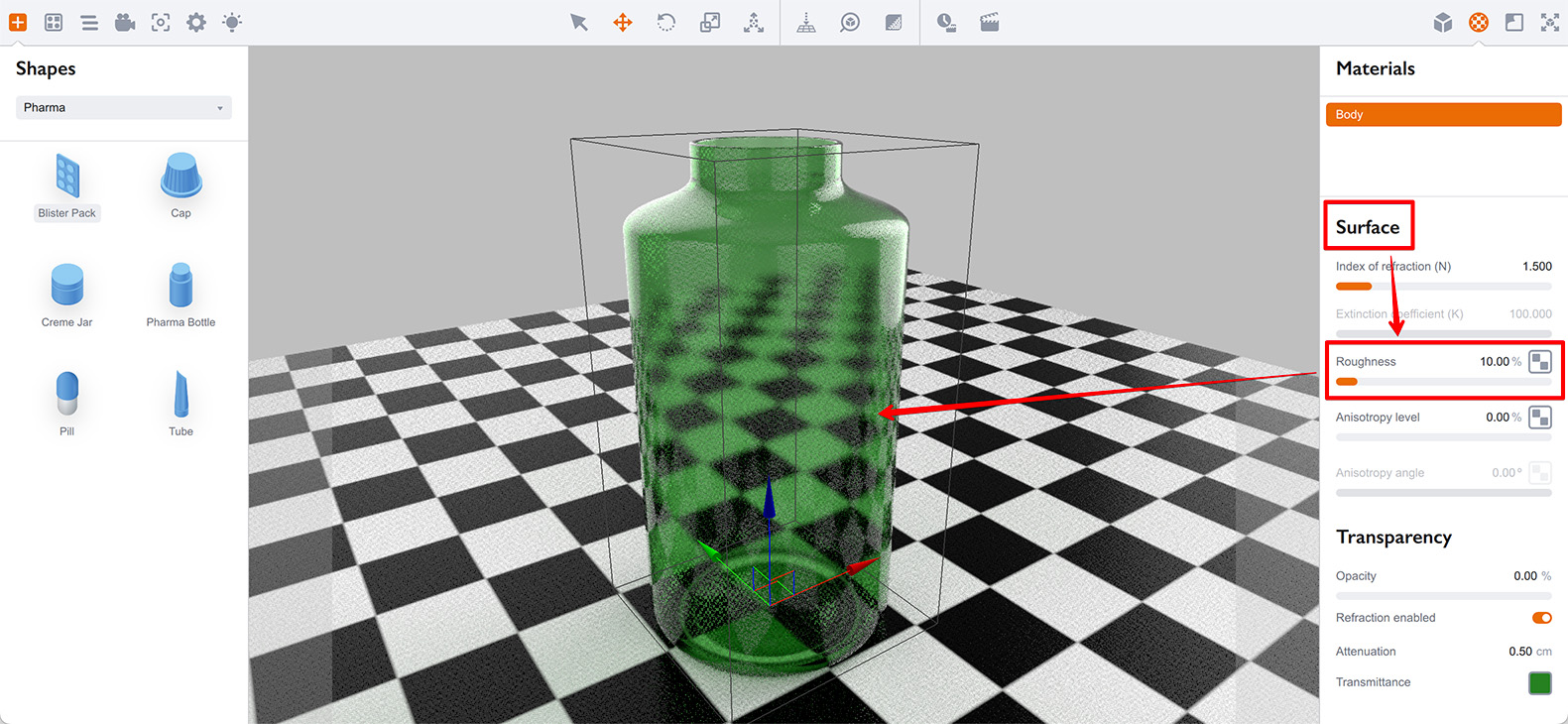 Make the frost glass material using surface roughness in Boxshot