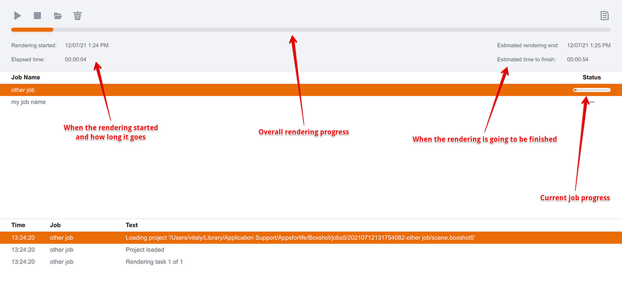 Индикатор прогресса и таймеры в менеджере заданий Boxshot с пояснениями