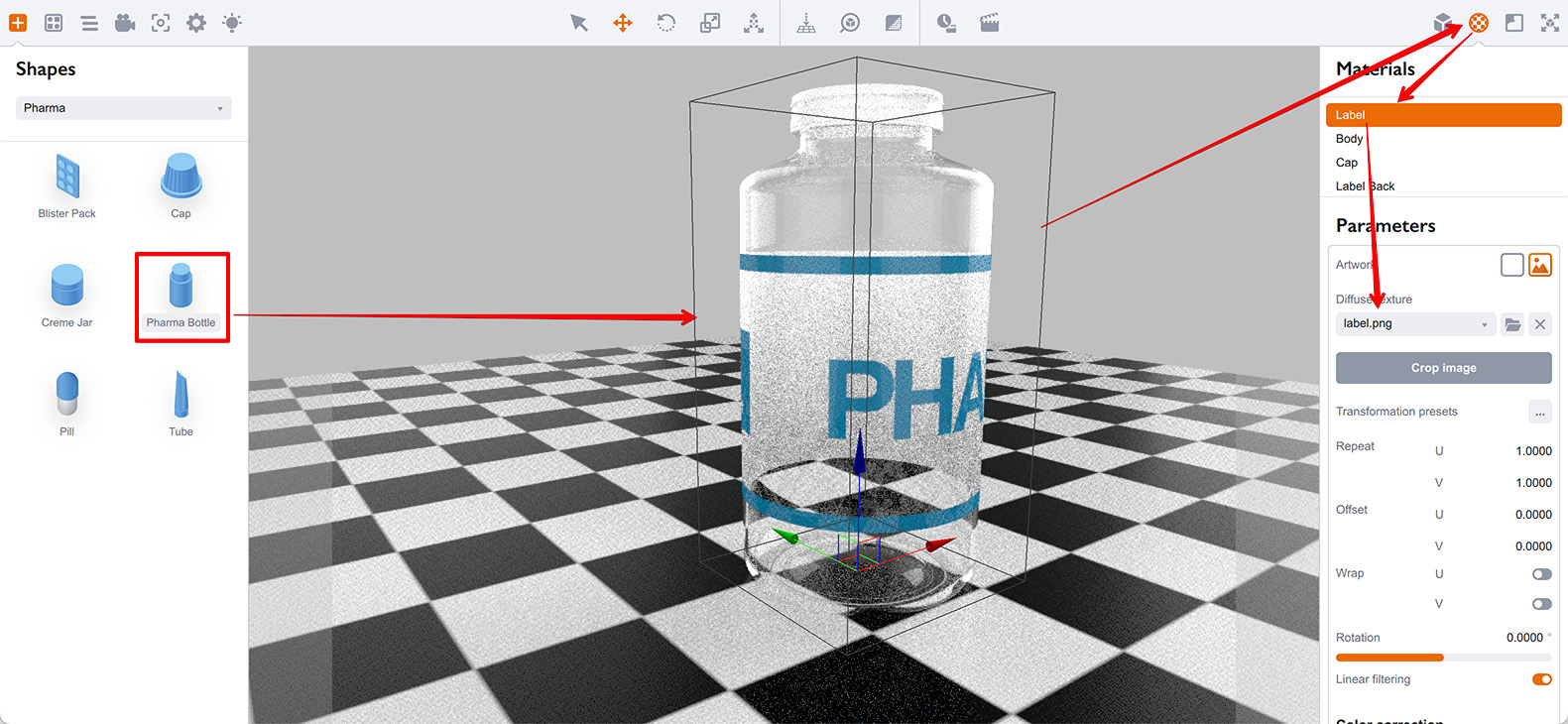 Pharma bottle with a semi-transparent label applied without any further adjustment