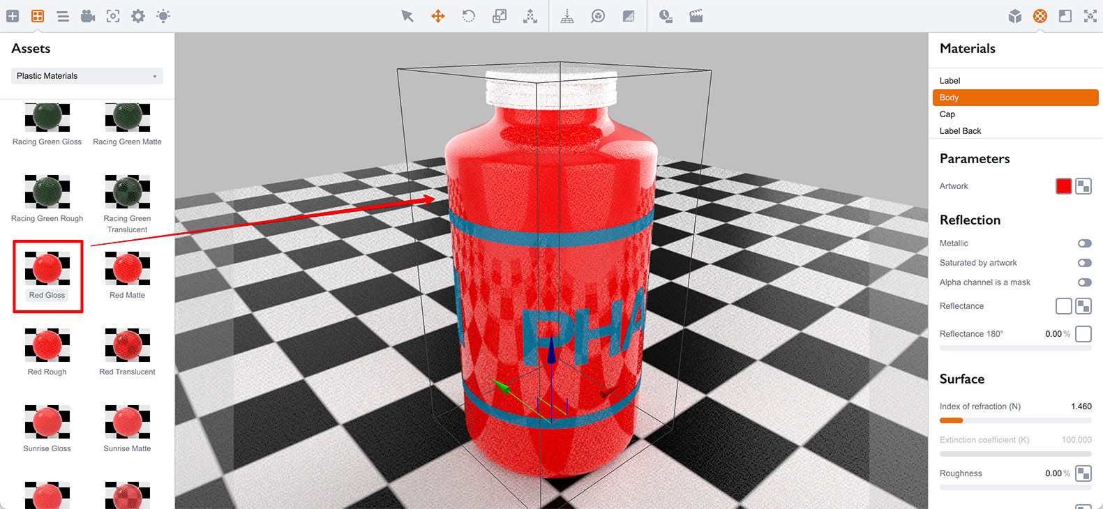 Red plastic bottle with a semi-transparent label