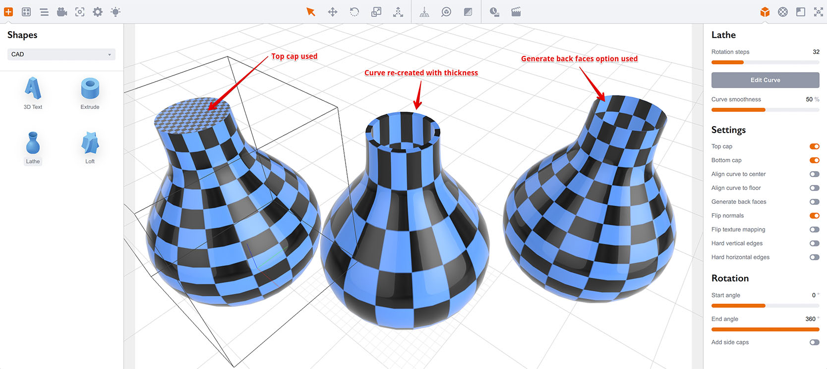 Three lathe objects with different solution of the backside issue