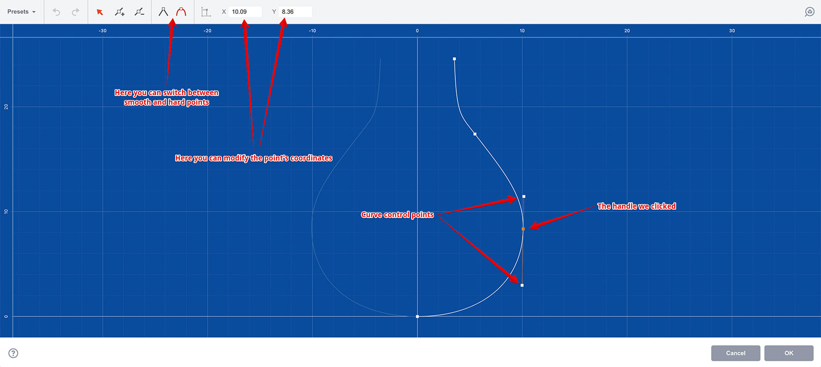 Selecting a curve handle by clicking it in lathe editor