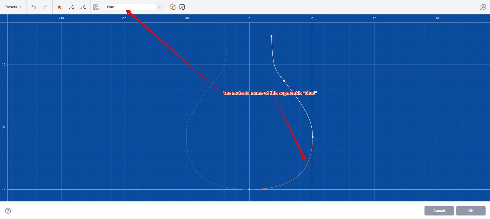 Material names are assigned to curve segments