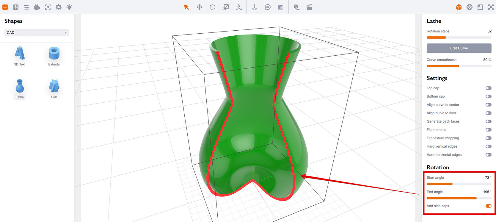 Non-360 degrees rotation of the lathe object