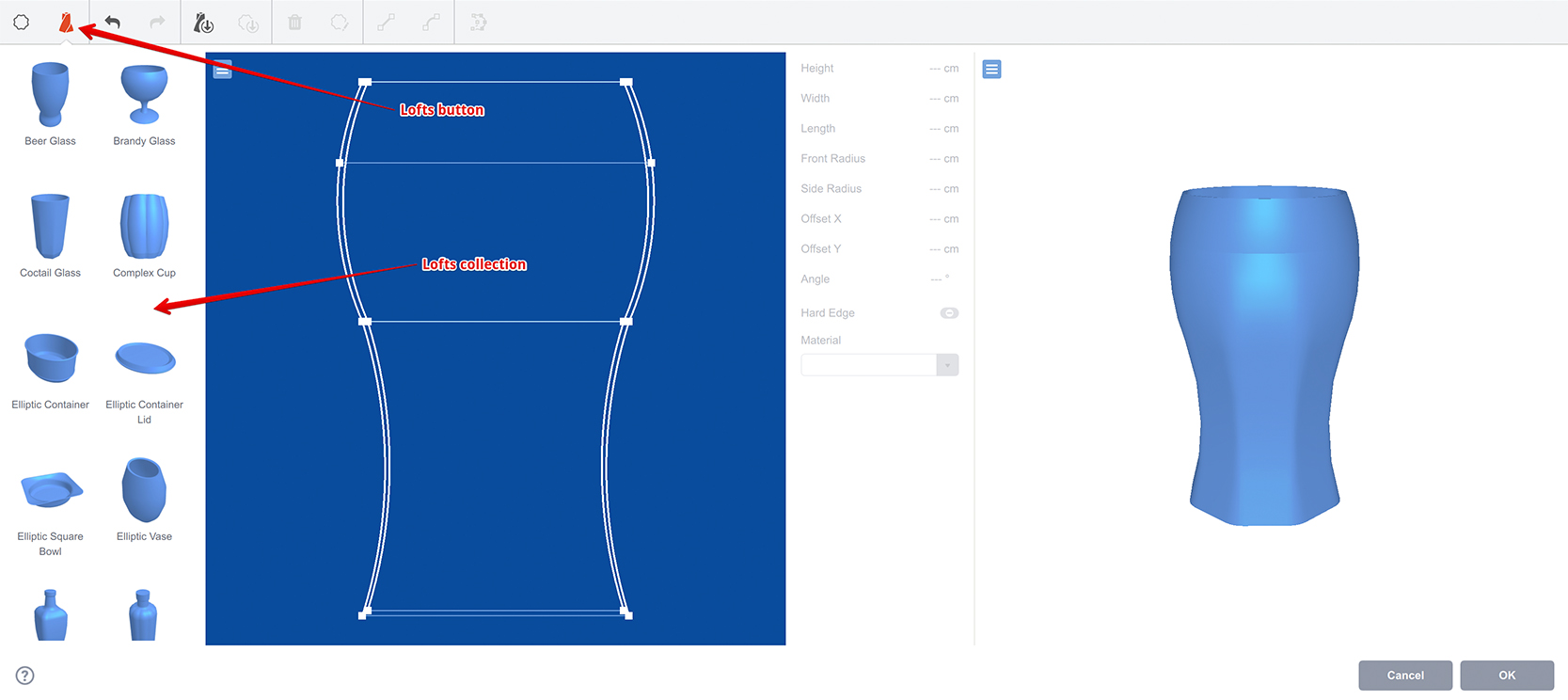 Lofts panel in the Boxshot Loft editor