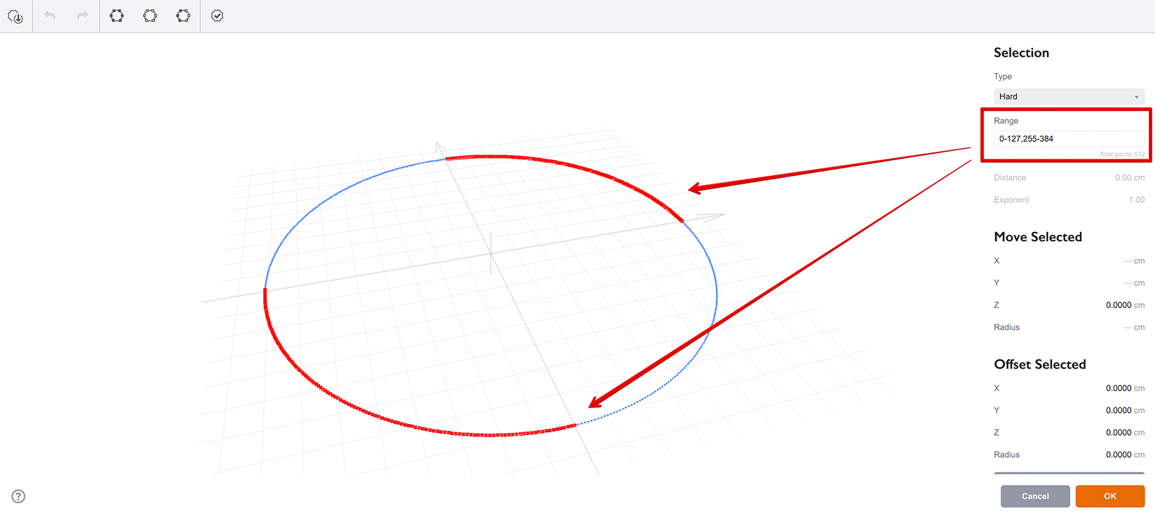 Range-based selection in the shapes editor