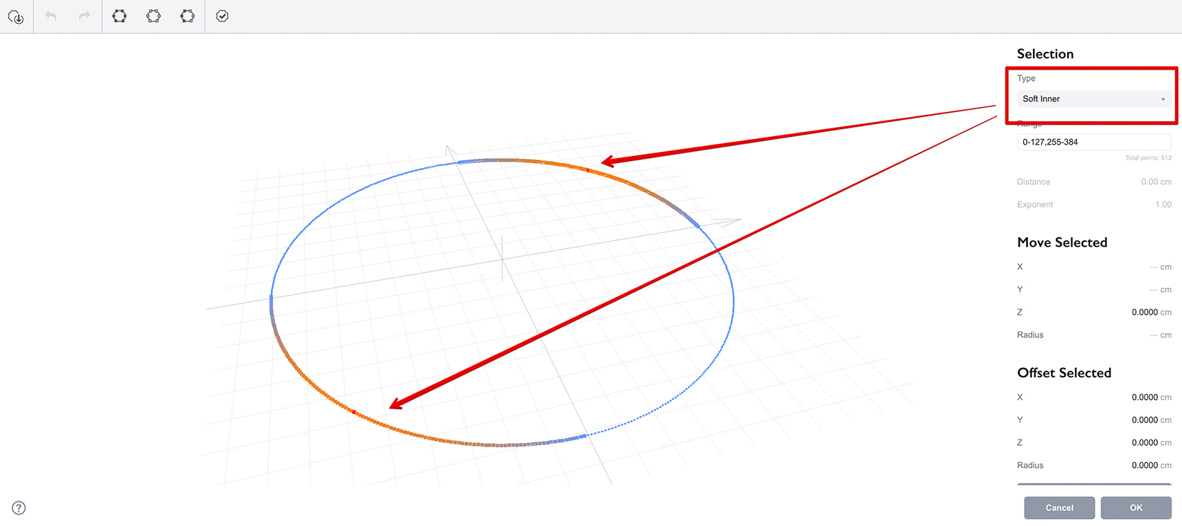 Soft inner selection in the shape editor