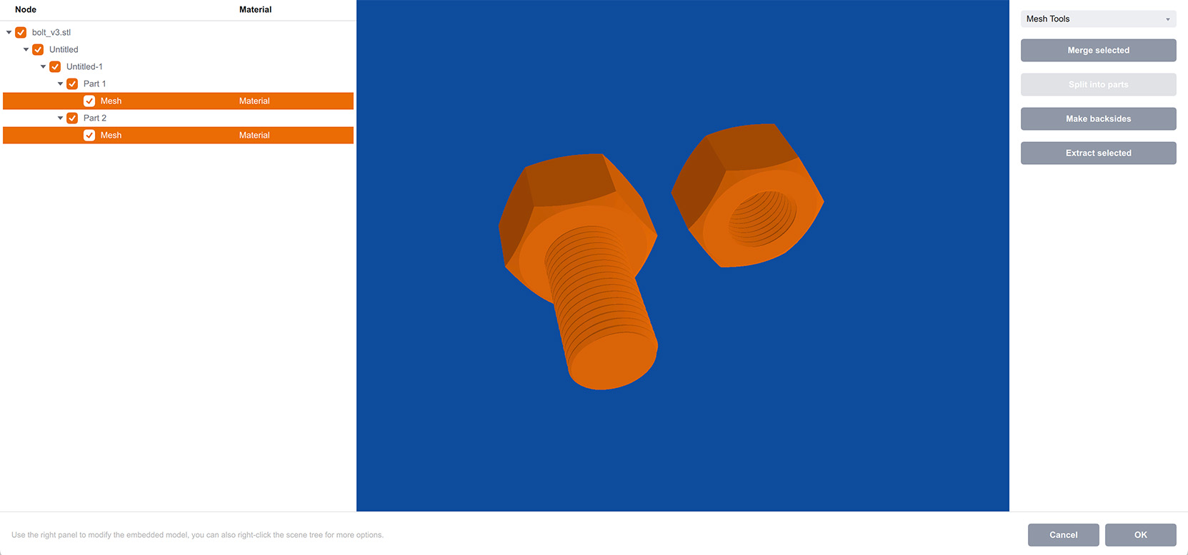 Mesh editing mode in the model editor