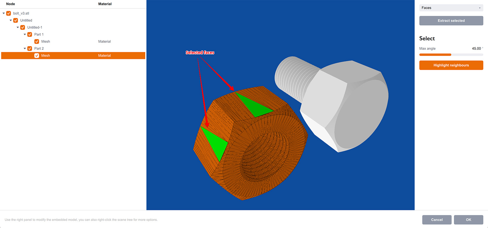 Multiple faces selected in the model editor
