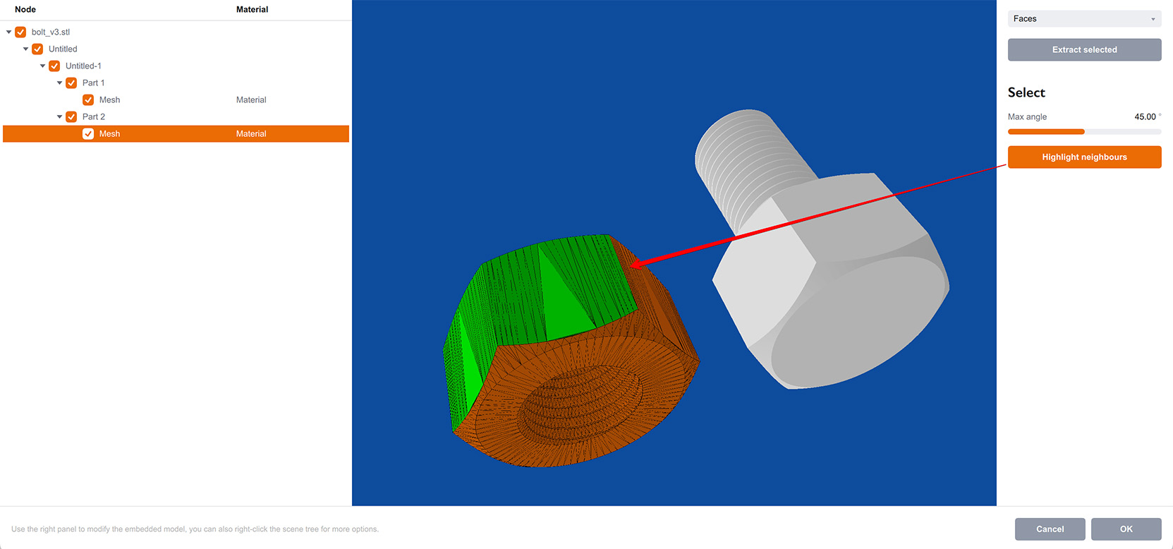 Highlighting similar faces in the model editor