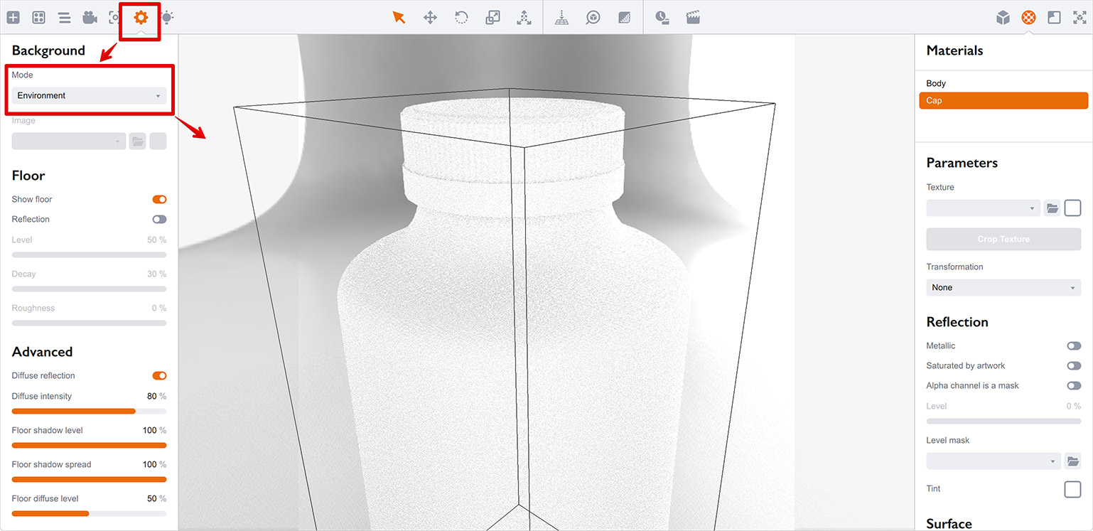 Включение режима фона Окружение в Boxshot