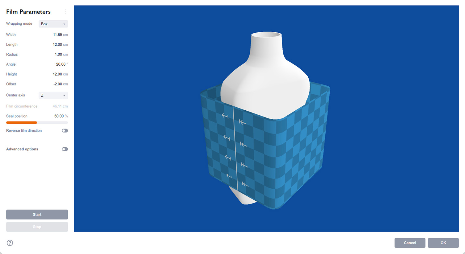 Box wrapping mode in Shrink wrap simulator