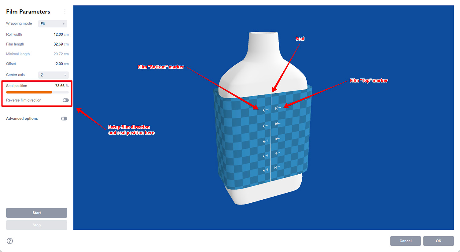 Seal and film direction parameters for shrink wrap modelling