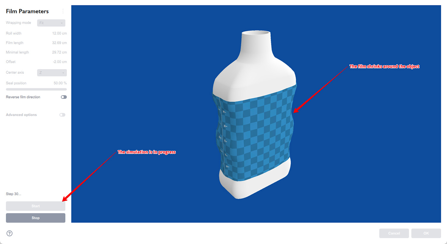 Shrink wrap simulation running in Boxshot