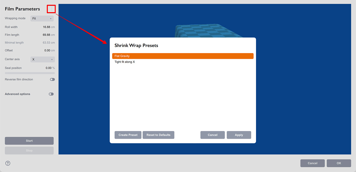 Shrink wrap presets panel in Boxshot