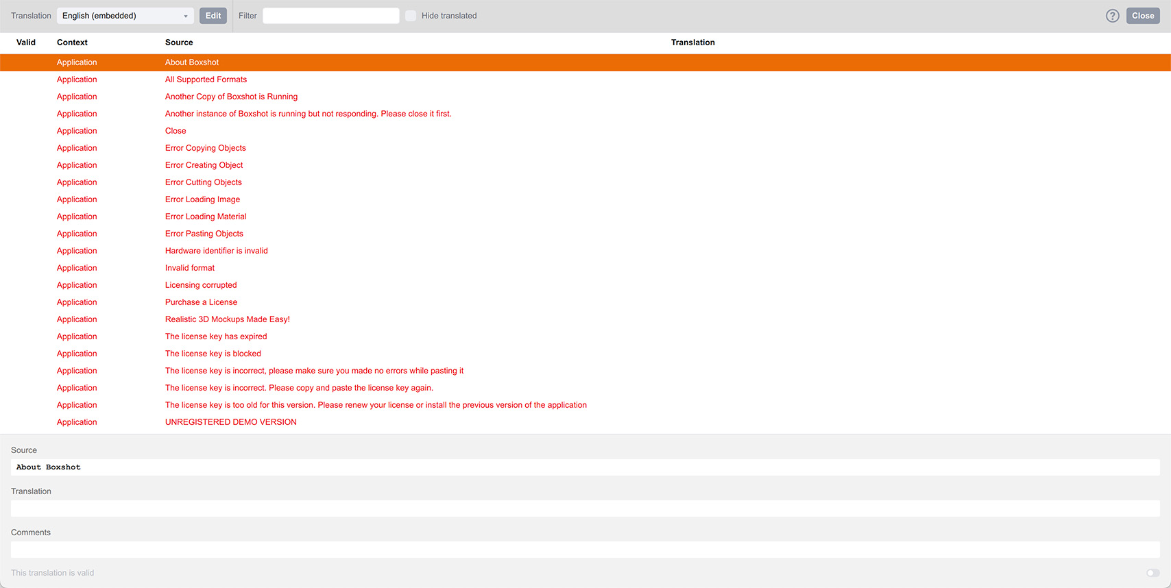 Boxshot translation interface