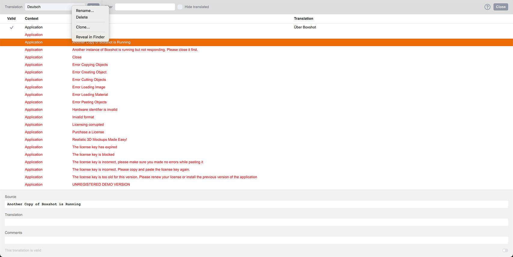 Managing translations with context menu
