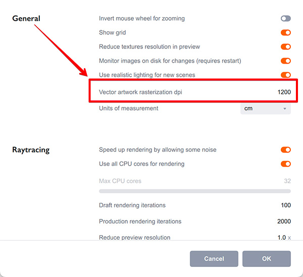 Changing the default vector rasterization DPI in Boxshot