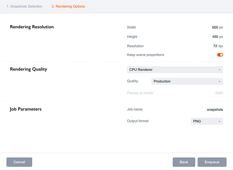 Параметры пакетного рендеринга снапшотов в Boxshot