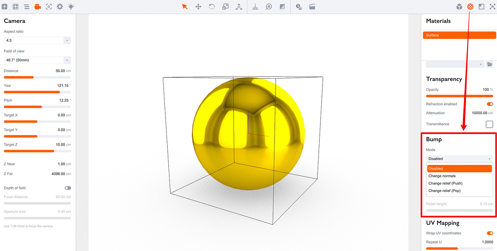 Selecting bump mode in Boxshot