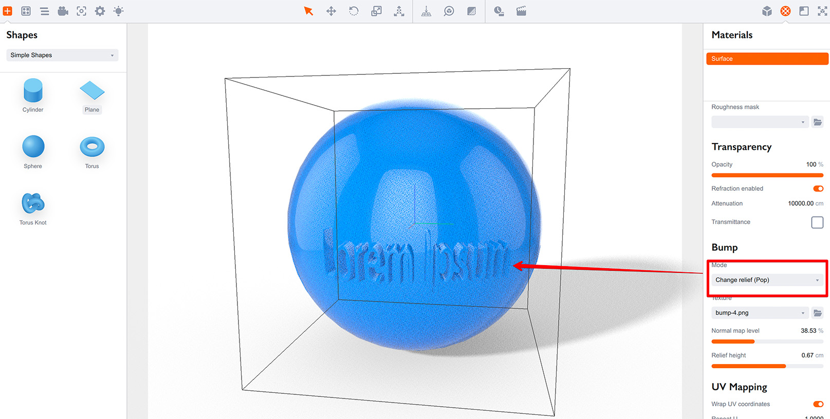 Relief (parallax) bump on plastic sphere