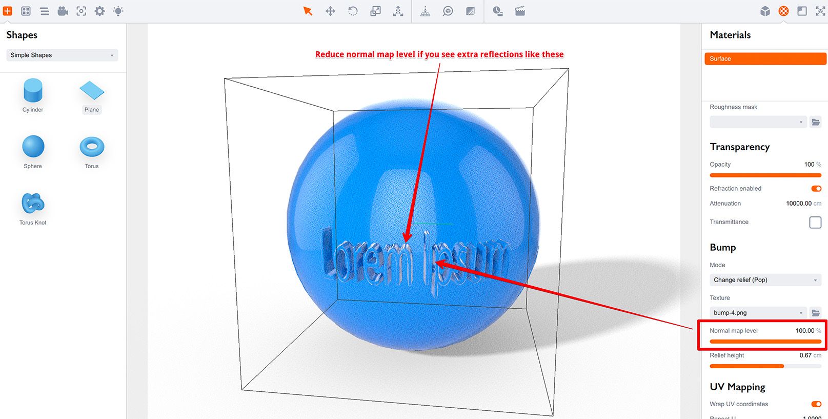 High normal map level may create visual artifacts on relief map