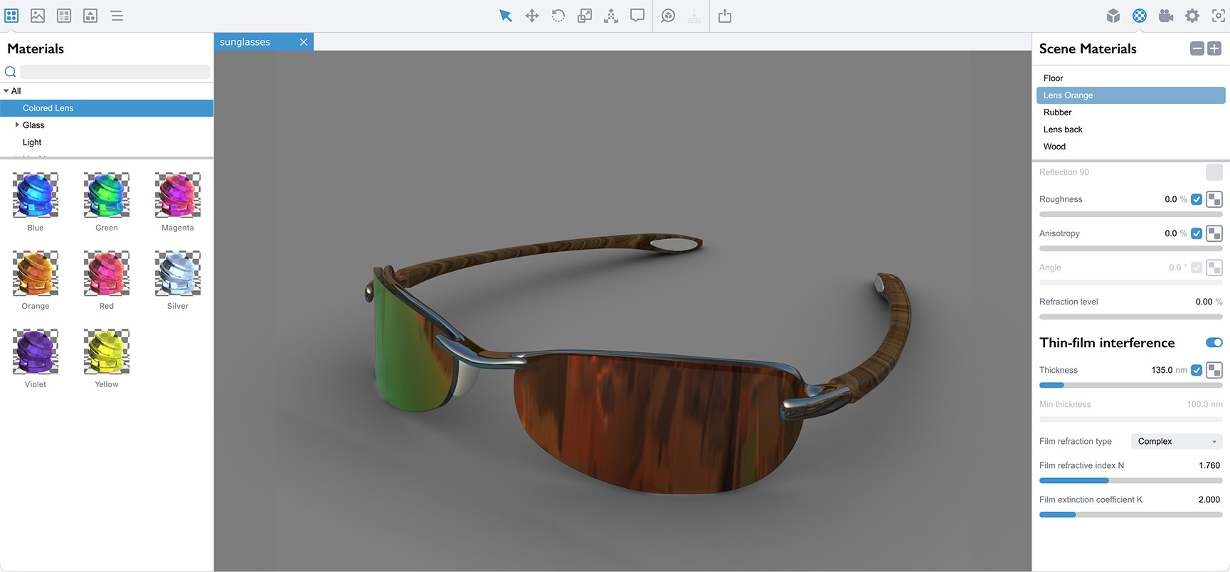 Солнечные очки в Koru, параметры материала