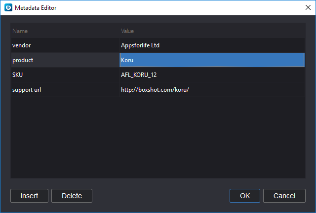 Koru Metadata Editor with values