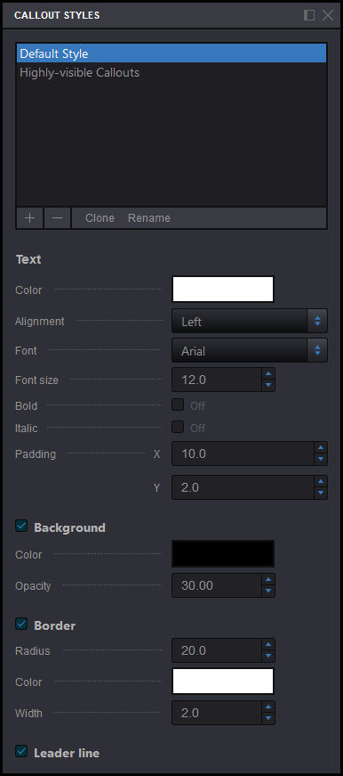 Callout styles panel in Koru