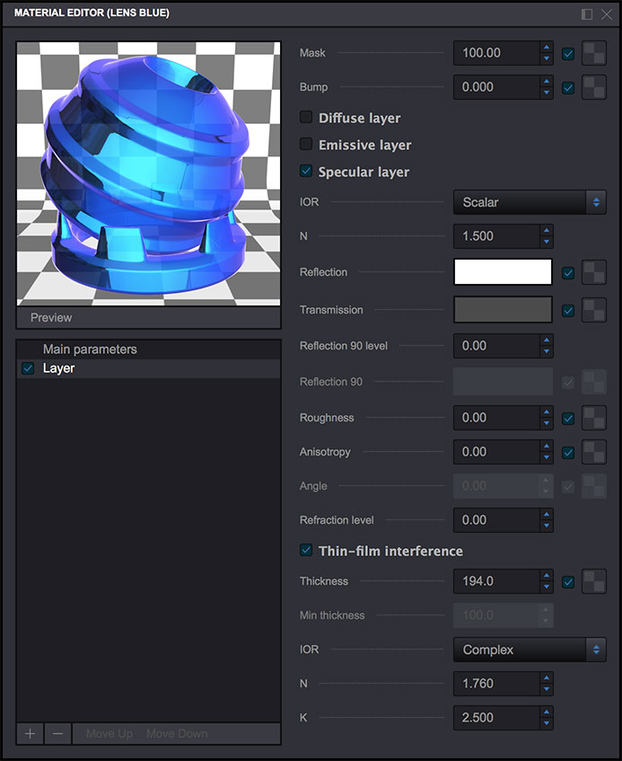 Koru materials editor panel