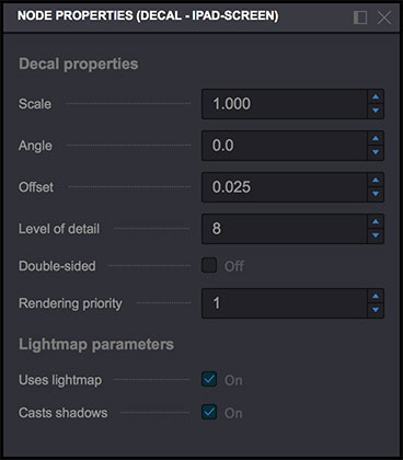 Decal properties panel in Koru
